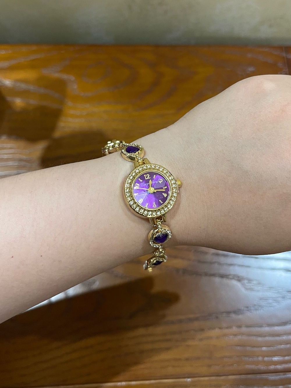Gold-tone Bracelet Watch with Purple Dial and Gem Accents - battery included